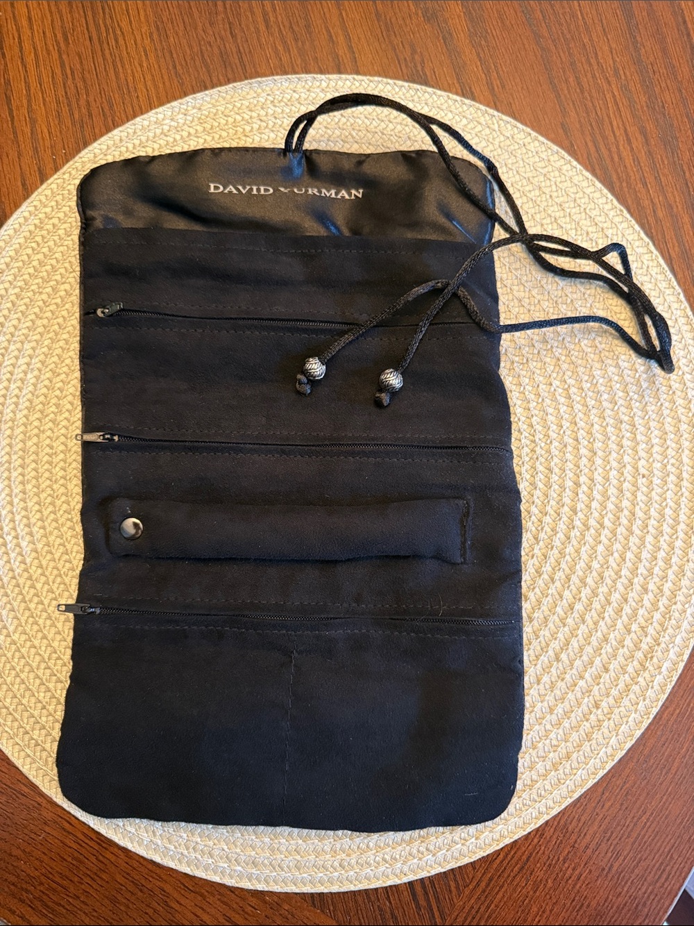 David Yurman Black Drawstring Jewelry Roll with Multiple Zip Pockets